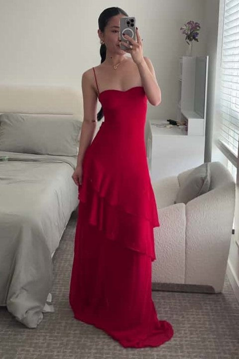 Straps Red Sweetheart Lace-Up Tiered Ruffle Maxi Dress FancyVestido Straps Red Sweetheart Lace-Up Tiered Ruffle Maxi Dress FancyVestido
