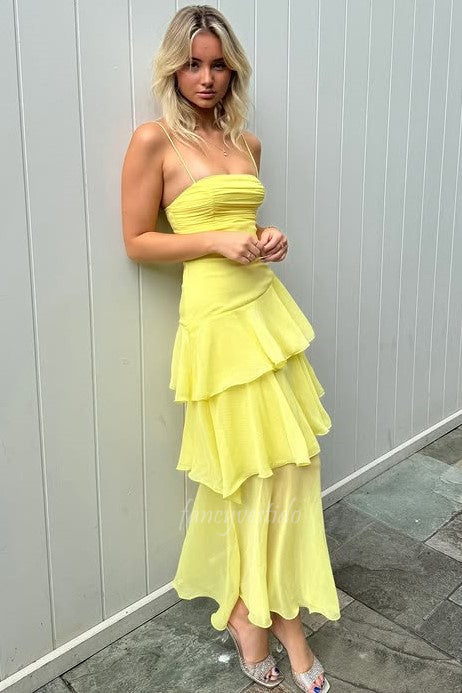 Yellow Spaghetti Straps Ruched Tiered Ruffle Maxi Dress