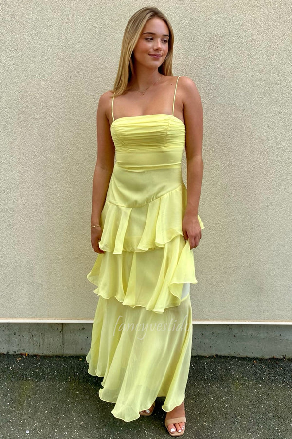 Yellow Spaghetti Straps Ruched Tiered Ruffle Maxi Dress
