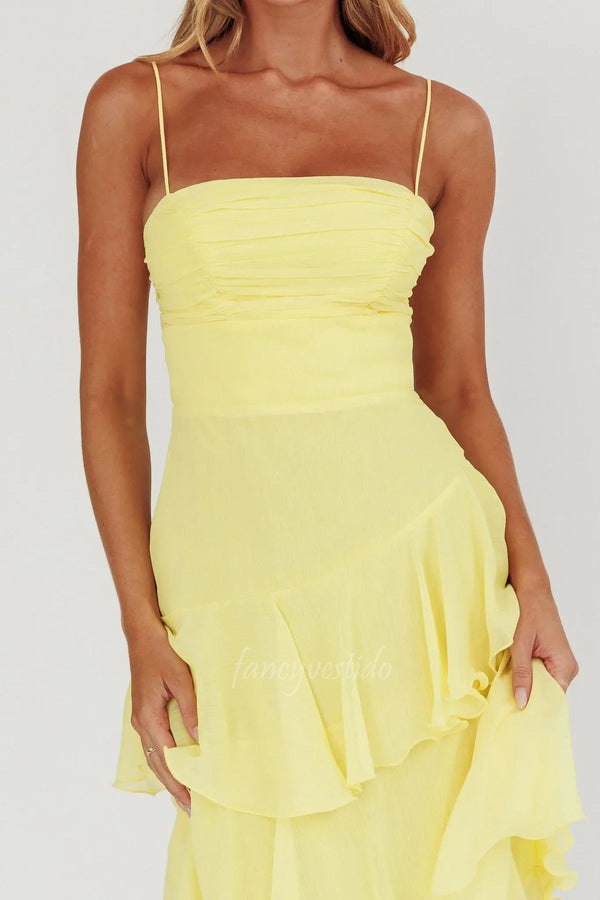 Yellow Spaghetti Straps Ruched Tiered Ruffle Maxi Dress