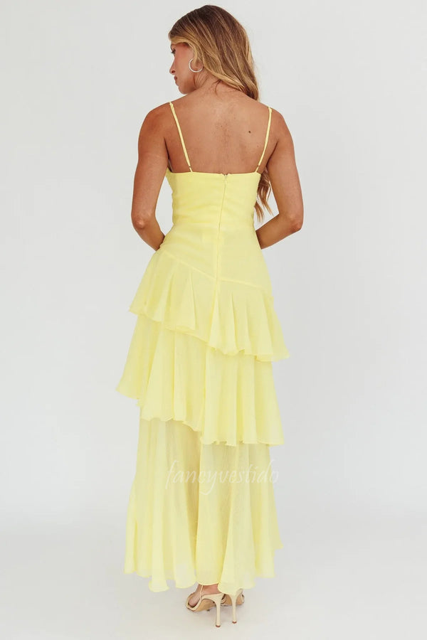 Yellow Spaghetti Straps Ruched Tiered Ruffle Maxi Dress