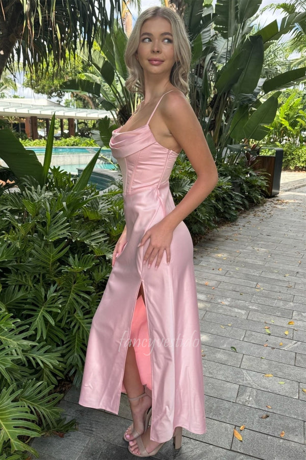 Sexy Straps Cowl Neck Satin Party Prom Dress with Split