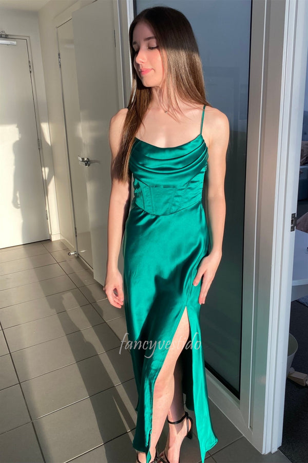 Sexy Straps Cowl Neck Satin Party Prom Dress with Split