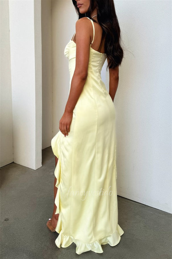 Spaghetti Straps Sweetheart Yellow Prom Dress with Ruffle Hem