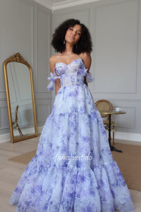 Off the Shoulder Corset Floral Print A-Line Prom Dress