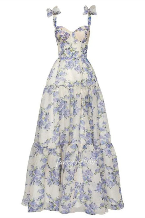 Off the Shoulder Empire-Waist Floral Print Layered Prom Dress