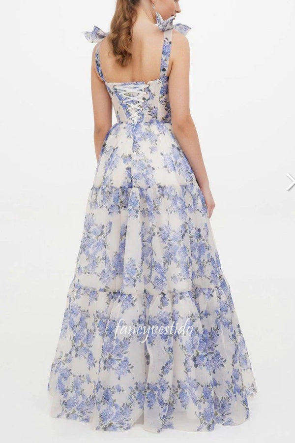 Off the Shoulder Empire-Waist Floral Print Layered Prom Dress