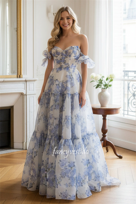 Off the Shoulder Empire-Waist Floral Print Layered Prom Dress
