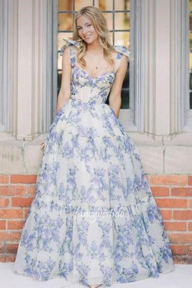 Off the Shoulder Empire-Waist Floral Print Layered Prom Dress