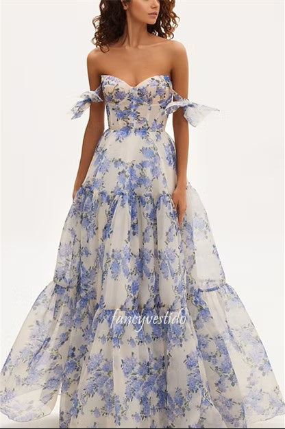 Off the Shoulder Empire-Waist Floral Print Layered Prom Dress