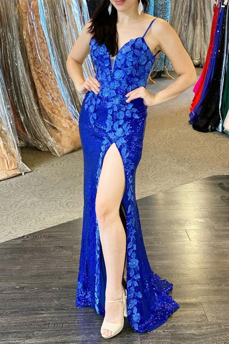 Spaghetti Straps Floral Applique Sequin Mermaid Slit Prom Dress