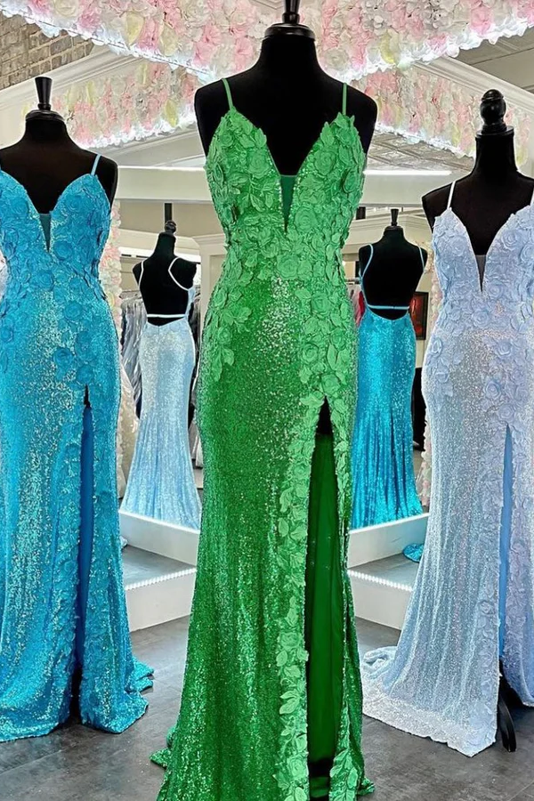Spaghetti Straps Floral Applique Sequin Mermaid Slit Prom Dress