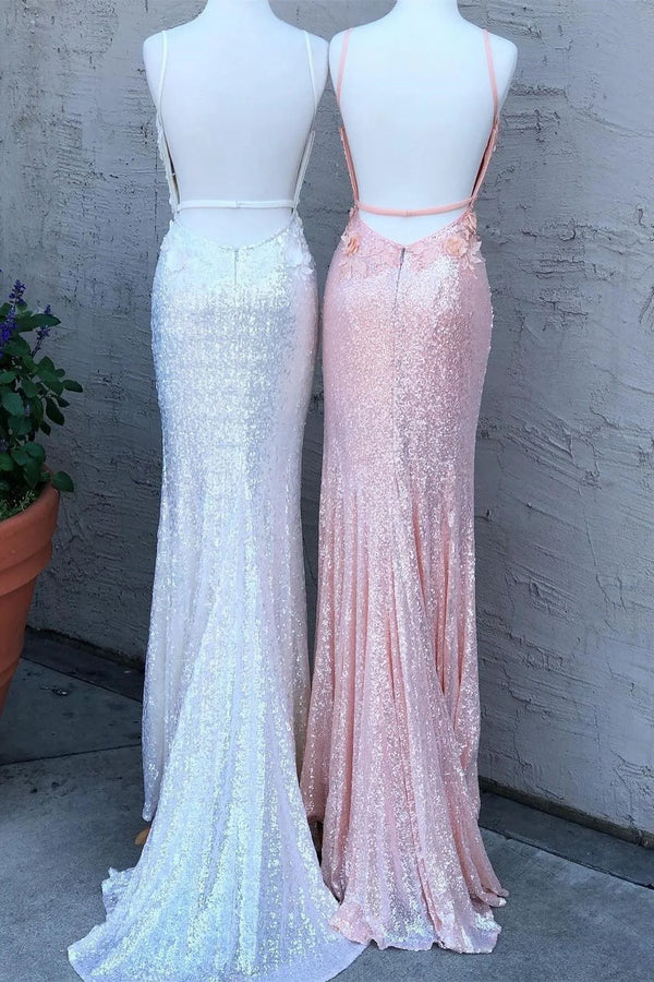 Spaghetti Straps Floral Applique Sequin Mermaid Slit Prom Dress