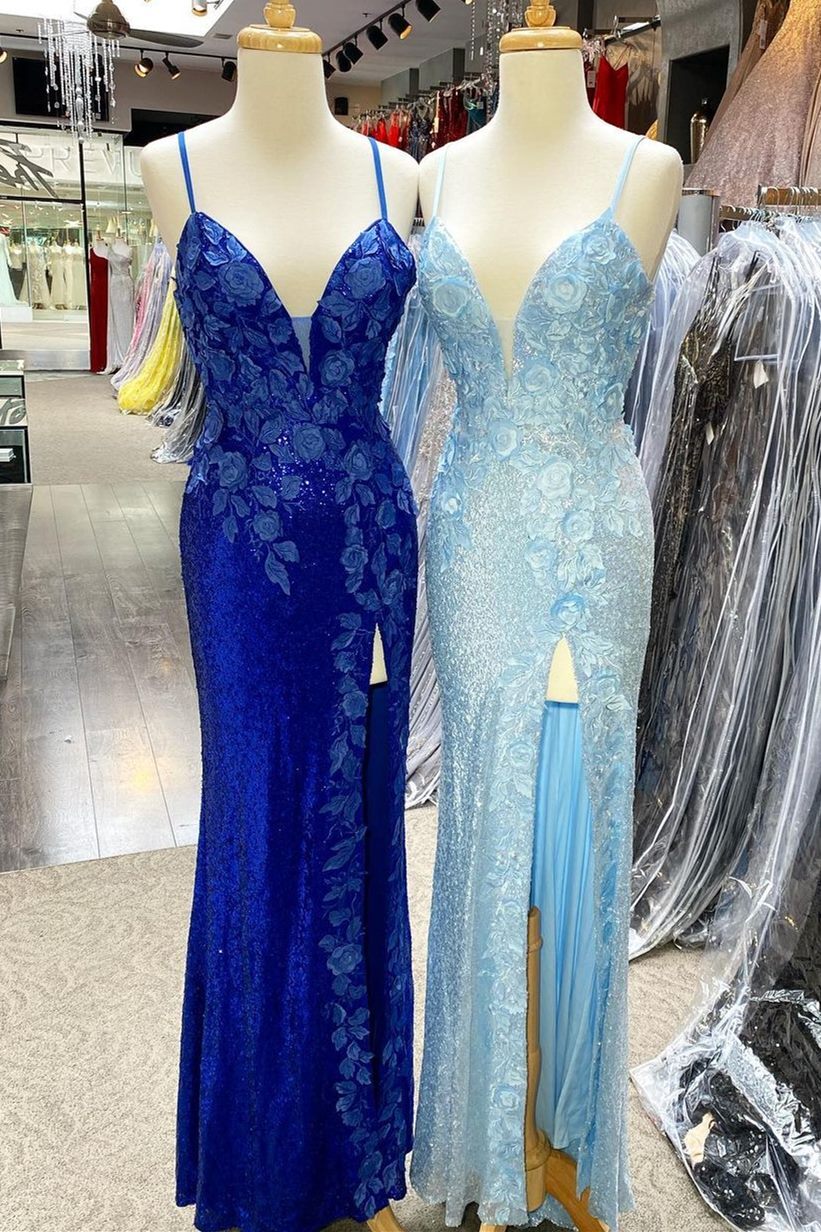 Spaghetti Straps Floral Applique Sequin Mermaid Slit Prom Dress