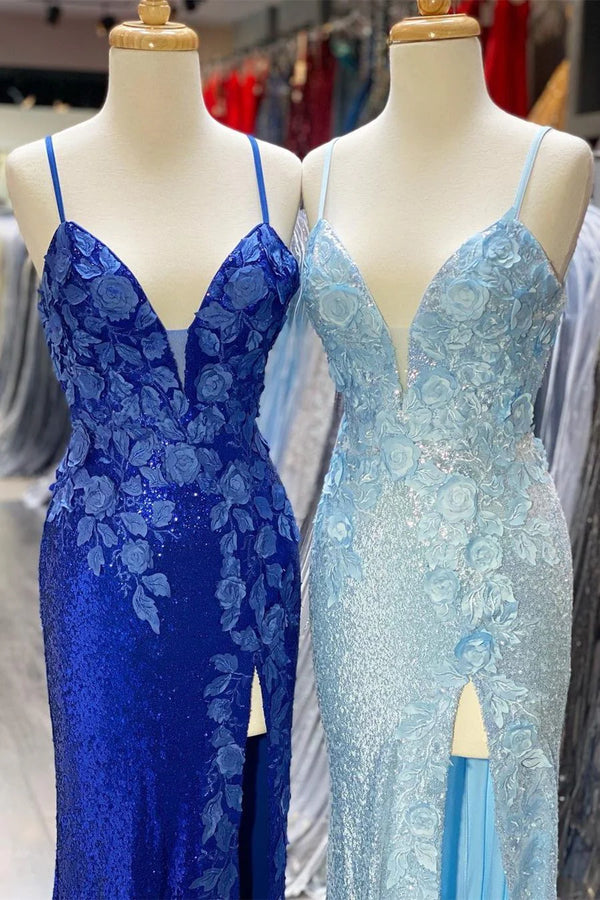 Spaghetti Straps Floral Applique Sequin Mermaid Slit Prom Dress