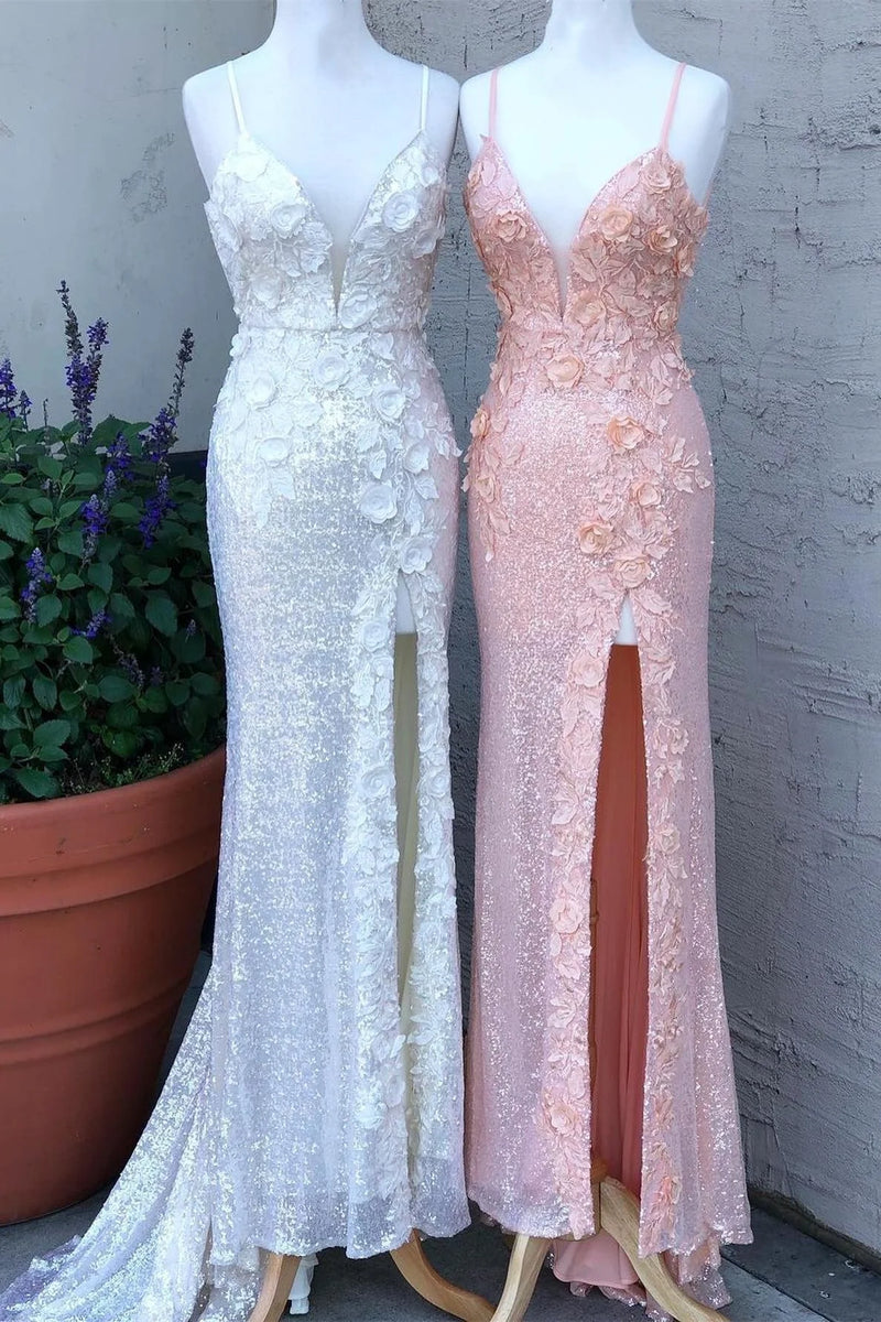 Spaghetti Straps Floral Applique Sequin Mermaid Slit Prom Dress
