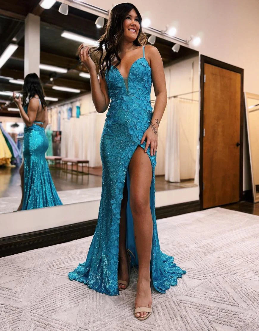 Spaghetti Straps Floral Applique Sequin Mermaid Slit Prom Dress –  FancyVestido