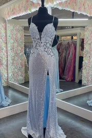 Pluning Neck 3D Floral Sequin Mermaid Evening Prom Dress