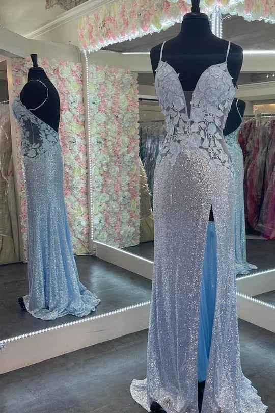 Pluning Neck 3D Floral Sequin Mermaid Evening Prom Dress