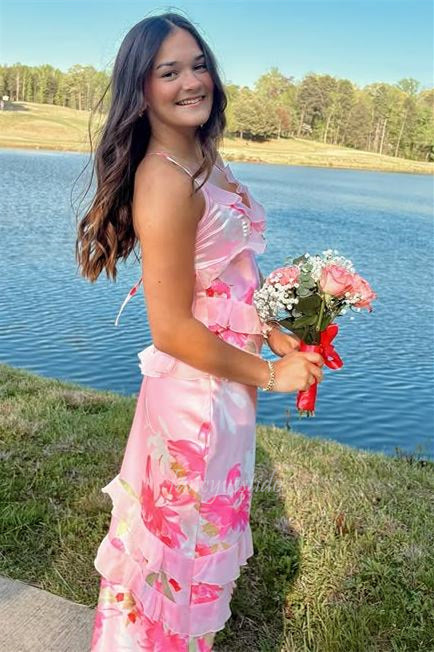 Straps Sleeveless Floral Print Ruffle Maxi Dress Prom Dress