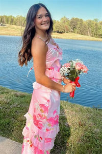 Straps Sleeveless Floral Print Ruffle Maxi Dress Prom Dress