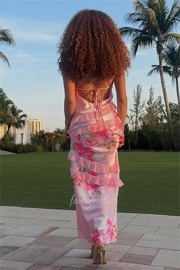 Straps Sleeveless Floral Print Ruffle Maxi Dress Prom Dress
