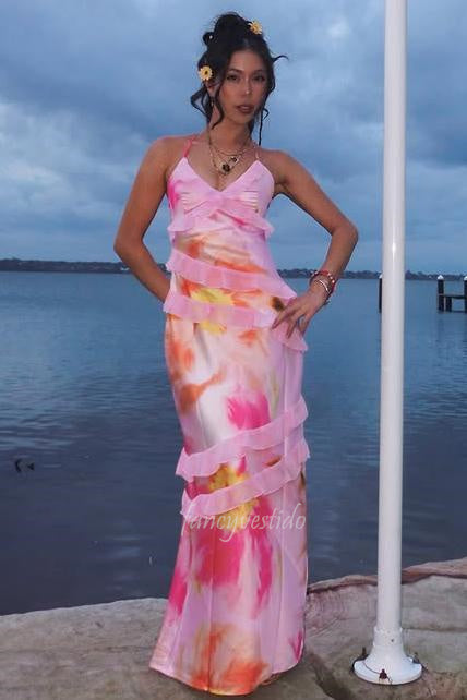 Straps Sleeveless Floral Print Ruffle Maxi Dress Prom Dress