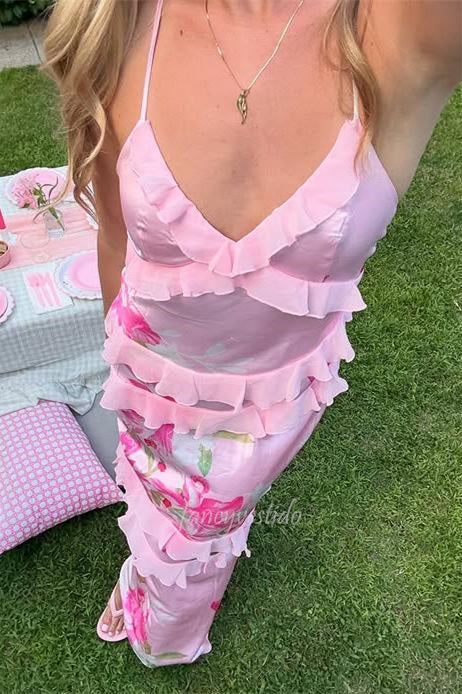 Straps Sleeveless Floral Print Ruffle Maxi Dress Prom Dress