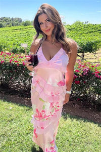 Straps Sleeveless Floral Print Ruffle Maxi Dress Prom Dress