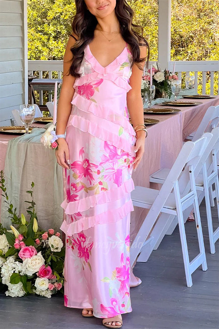 Straps Sleeveless Floral Print Ruffle Maxi Dress Prom Dress