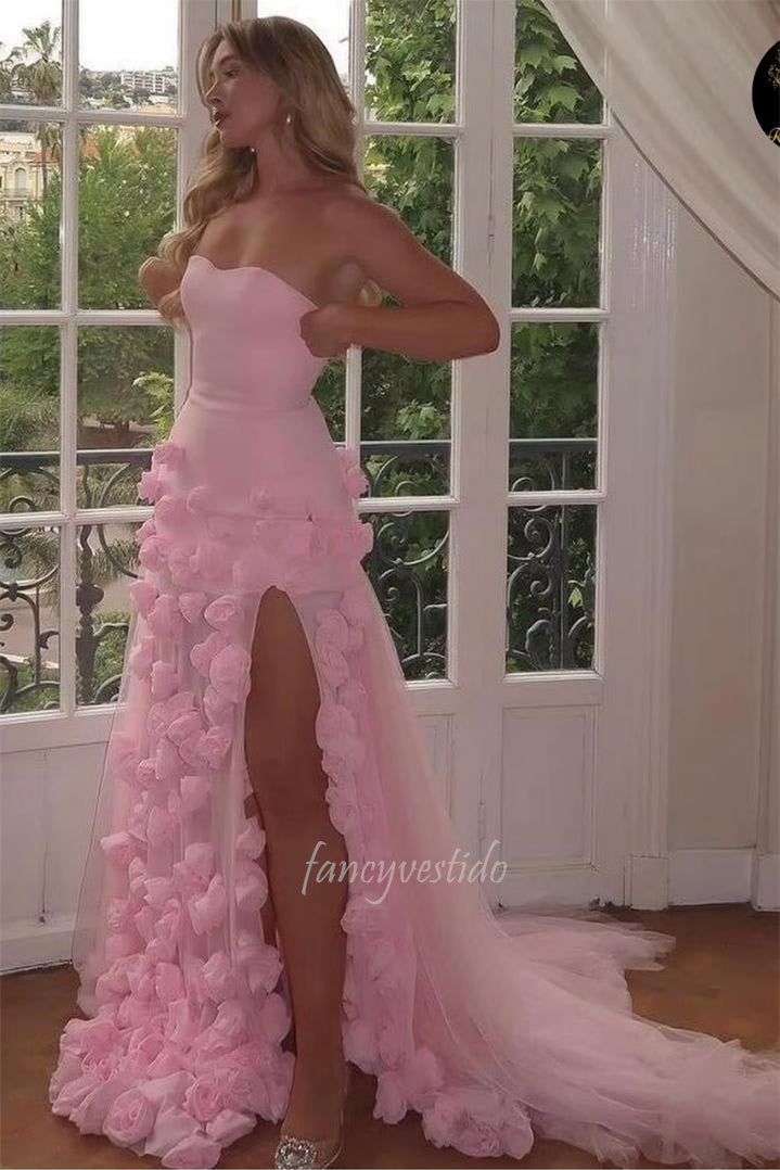 Chic Pink Strapless Slit A-Line Prom Dress with 3D Floral