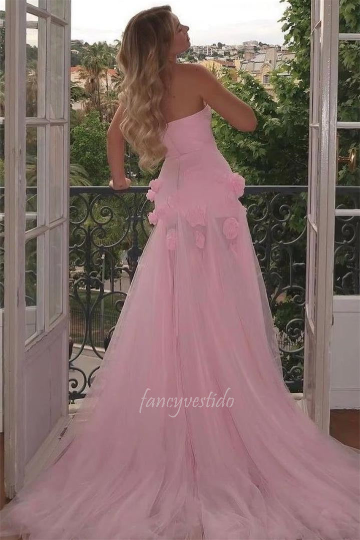 Chic Pink Strapless Slit A-Line Prom Dress with 3D Floral