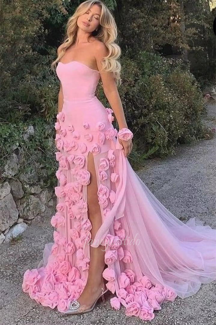Chic Pink Strapless Slit A-Line Prom Dress with 3D Floral