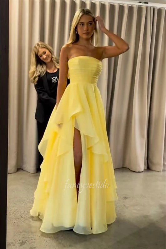 Yellow Strapless Pleated Layered Lace-up Prom Dress with Slit FancyVestido Yellow Strapless Pleated Layered Lace-up Prom Dress with Slit FancyVestido