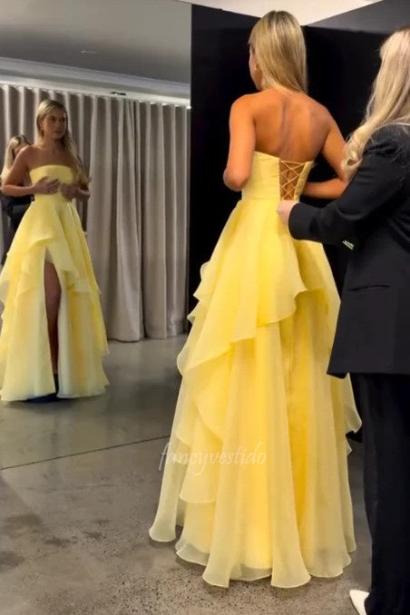 Yellow Strapless Pleated Layered Lace-up Prom Dress with Slit