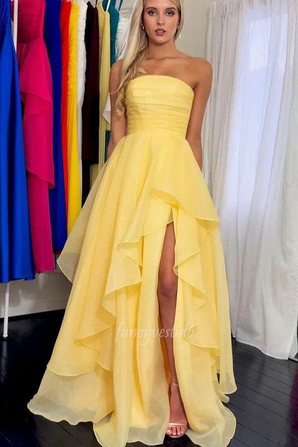 Yellow Strapless Pleated Layered Lace-up Prom Dress with Slit