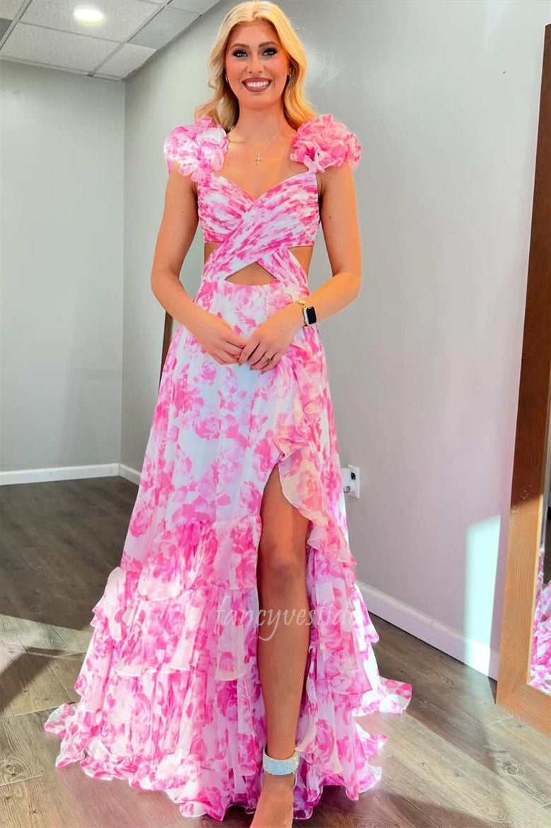 Ruffled Straps Floral Print Pleated Ruffle Prom Dress with Slit