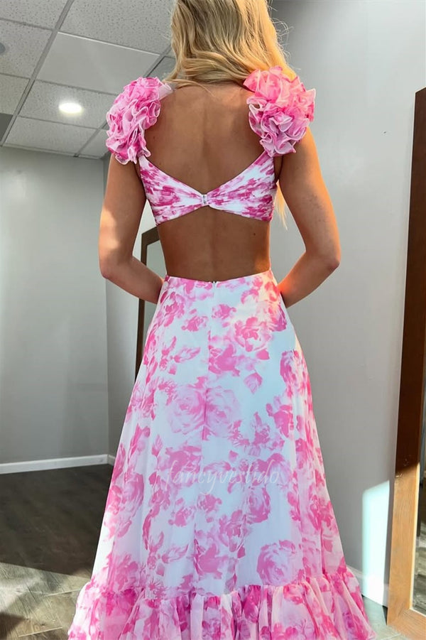 Ruffled Straps Floral Print Pleated Ruffle Prom Dress with Slit