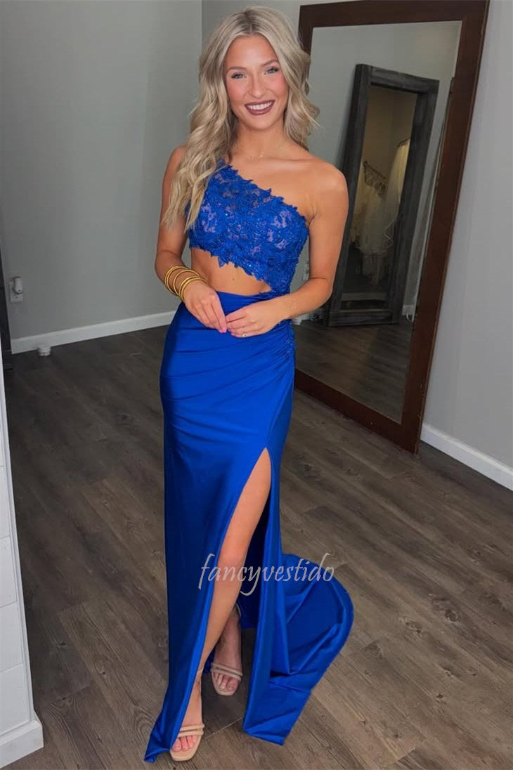 One Shoulder Applique Cutout Mermaid Prom Dress with Slit