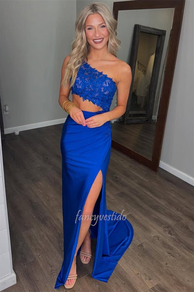 One Shoulder Applique Cutout Mermaid Prom Dress with Slit