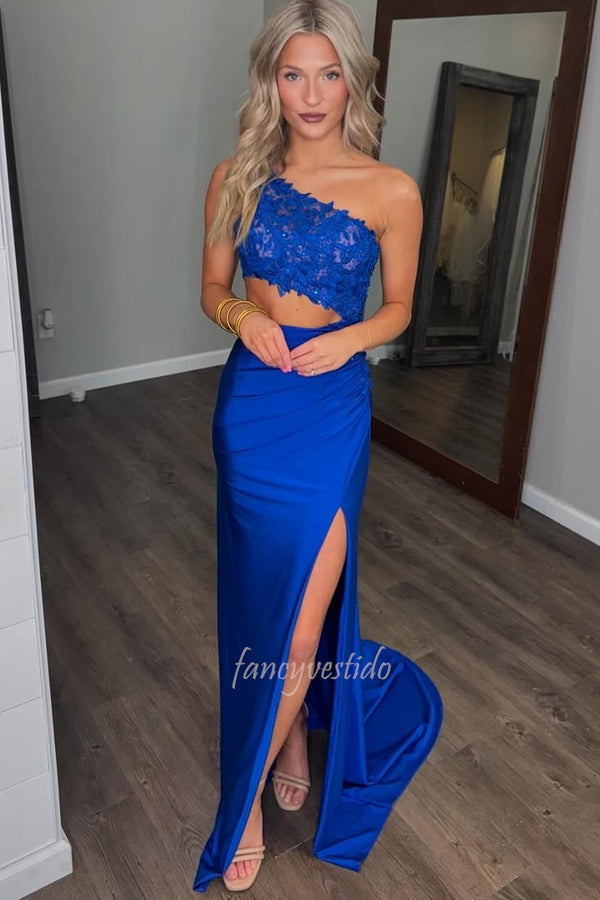 One Shoulder Applique Cutout Mermaid Prom Dress with Slit