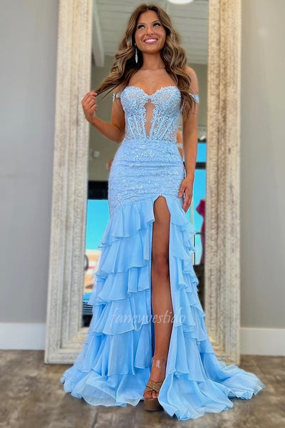 Classy Sweetheart Lace Ruffle Mermaid Prom Dress with Slit