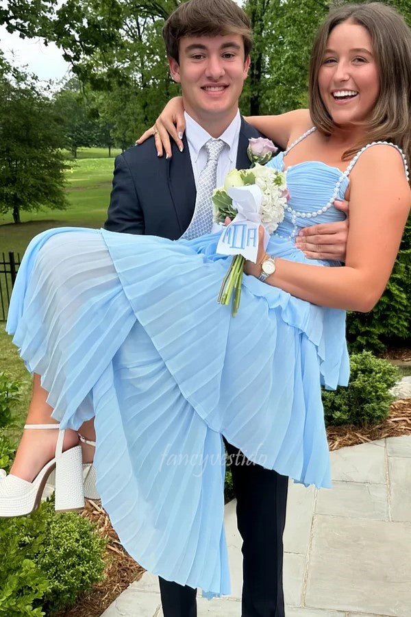 Pearl Straps Ruffle Chiffon A-Line Long Prom Dress