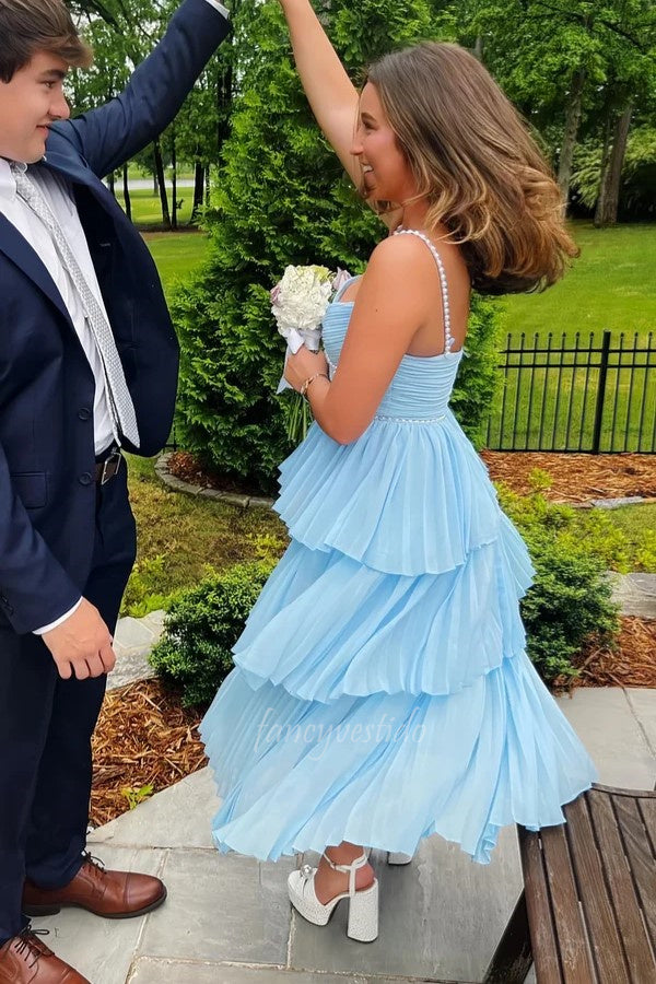 Pearl Straps Ruffle Chiffon A-Line Long Prom Dress