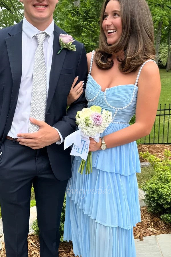 Pearl Straps Ruffle Chiffon A-Line Long Prom Dress