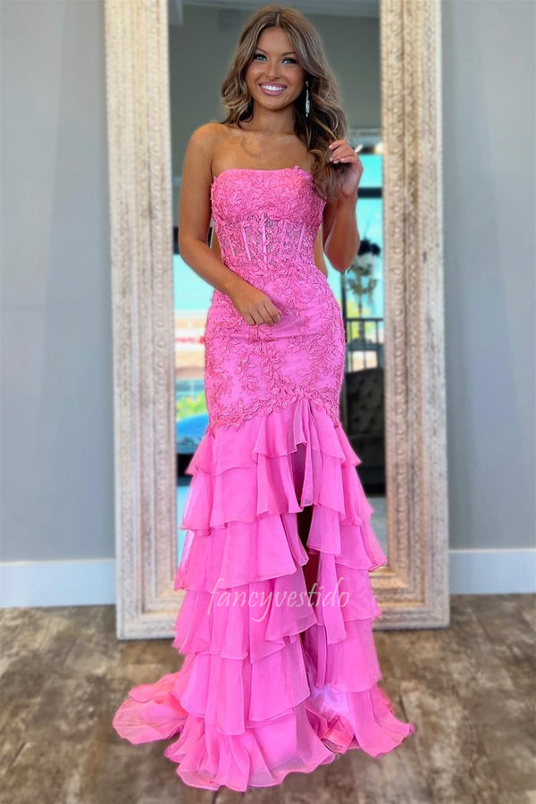 Strapless Applique Ruffle Mermaid Prom Dress with Slit