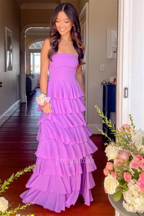 Elegant Strapless Mermaid Slit Ruffle Prom Dress with Lace-up
