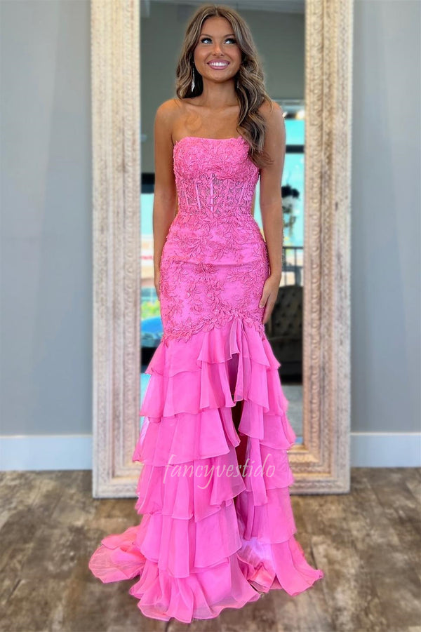 Strapless Applique Ruffle Mermaid Prom Dress with Slit