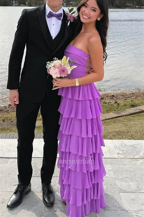 Elegant Strapless Mermaid Slit Ruffle Prom Dress with Lace-up
