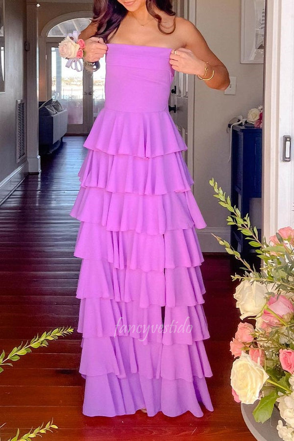 Elegant Strapless Mermaid Slit Ruffle Prom Dress with Lace-up